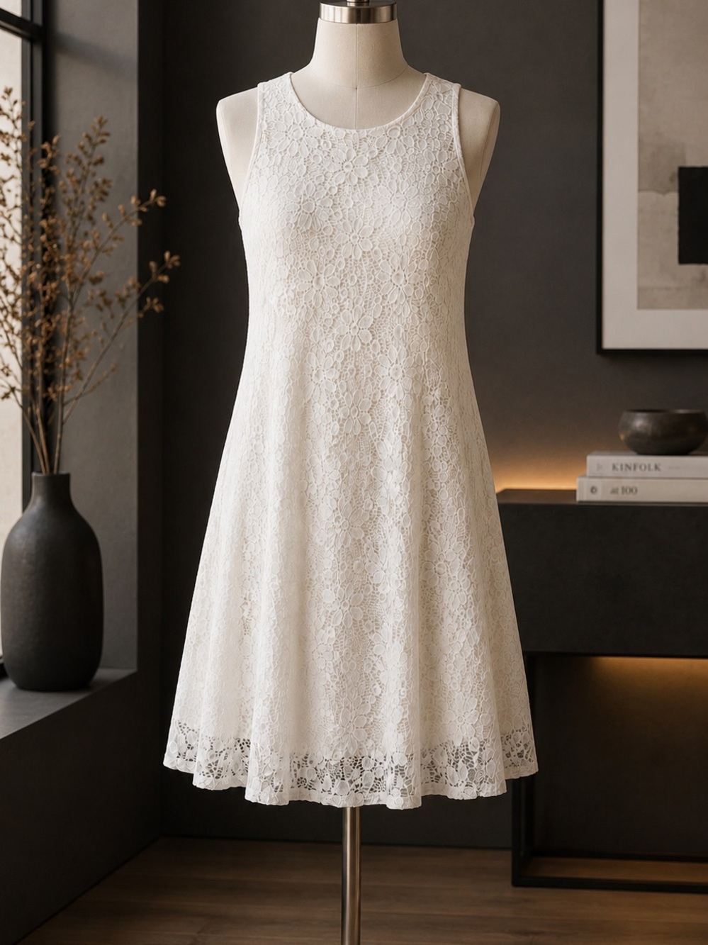Ginger G White Floral Lace A-Line Sleeveless Dress